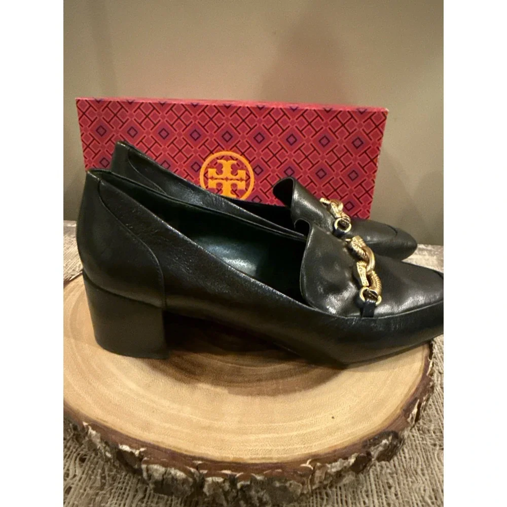 Tory Burch Women's Jessa Leather Heeled Loafer Black Block Heel Gold Links 9.5